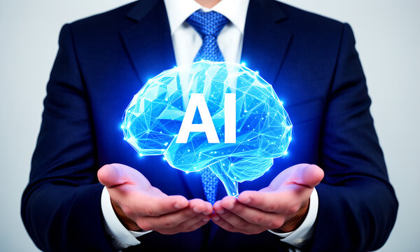 Businessman holding glowing polygonal AI brain representing artificial intelligence technology concept