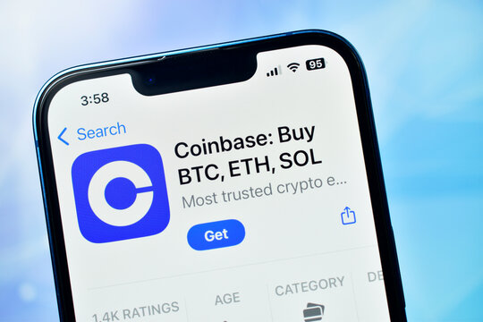 Closeup of coinbase cryptocurrency exchange app download page on modern smartphone screen
