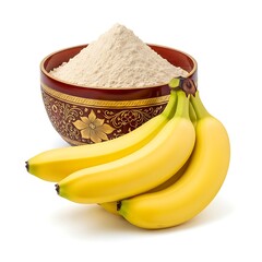 A still life of ripe bananas next to a decorated bowl filled with white powder