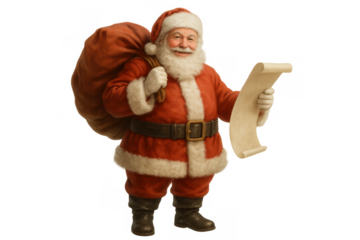 Santa claus checking naughty and nice list, carrying gift sack, preparing for christmas holidays, transparent background