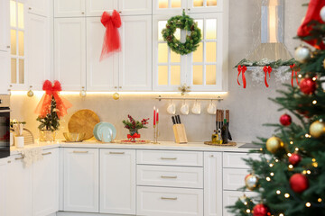 Stylish kitchen with Christmas decor. Interior design