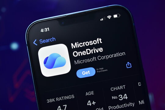 Closeup of microsoft onedrive app page on a smartphone screen with dark background