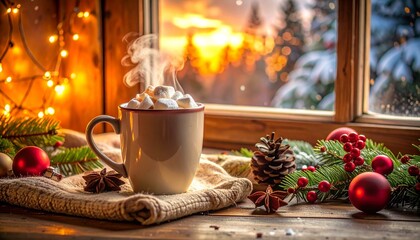 Steaming mug of hot chocolate with marshmallows on rustic table, surrounded by festive winter decorations and snowy sunset view.