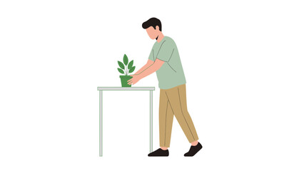 Fototapeta premium Man setting plant on a table in vector illustration, concept of the environment
