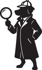 Black silhouette of a dog wearing a detective hat and coat holding a magnifying glass 1