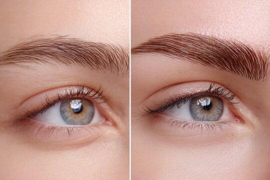 Collage comparison of female eyebrows before and after lamination or permanent makeup procedure, close-up