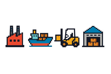 Obraz premium Pixel art industrial icons: factory, cargo ship, forklift, warehouse