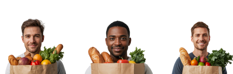 Positive young man with paper shopping bag with vegetables, fruits and bread isolated on transparent background