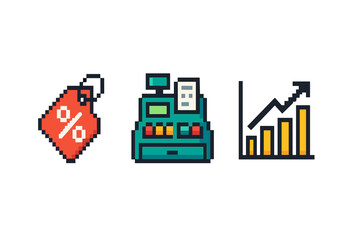 Naklejka premium Pixel art shopping icons: discount tag, cash register, growth chart
