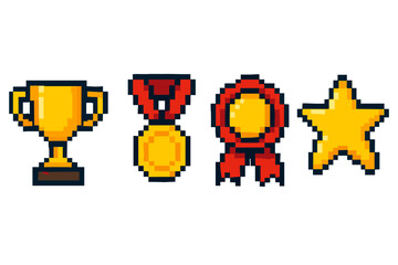 Pixel art trophy medal ribbon star icons for achievements