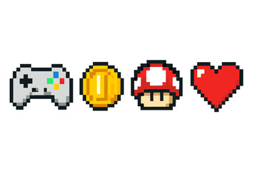 Pixel art icon set: game controller, gold coin, mushroom, heart