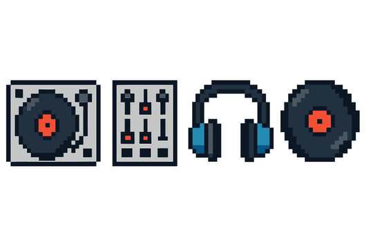 Pixel art musical equipment: turntables, mixer, headphones, vinyl