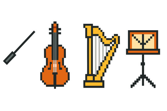 Pixel art string instruments and music stand illustration