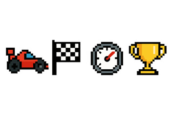 Pixel art racing icons: red car, checkered flag, speedometer, trophy