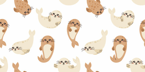 Seamless pattern with seals in different poses. Cute sea animals.