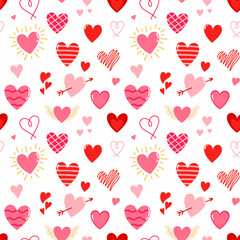 A seamless pattern with hearts of various shapes and colors. Valentine's Day elements.