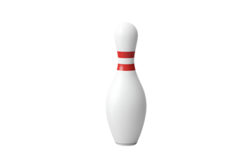 A single white bowling pin with red stripes against black background.