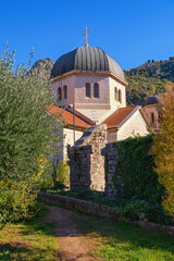 Montenegro, Old Town of Kotor. Orthodox Church of St. Nicholas on sunny autumn day, view from Town Wall