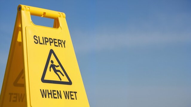 Yellow caution sign warning of slippery surface when wet  
