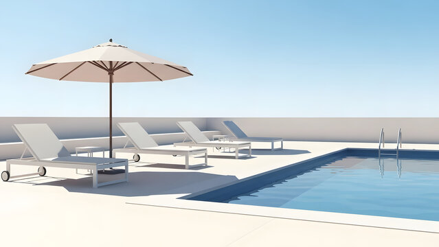 Sunny poolside with lounge chairs and umbrella under a clear blue sky