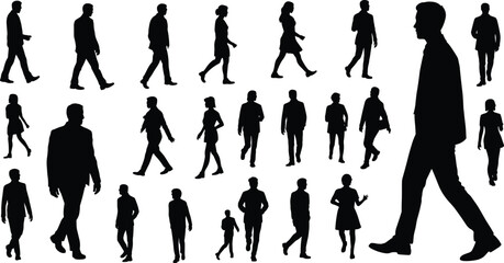Walking people silhouette collection featuring men and women in various steps, poses and motion for lifestyle, urban scene and vector illustration design