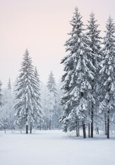 Obraz premium A serene, cold, and quiet winter landscape featuring tall pine trees heavily dusted with thick, freshly fallen white snow under a pale sky, chilly, forest, seasonal