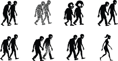 Walking Zombie Silhouette Design Set, Horror Undead Halloween Tattoo, Black Vector Illustration.
