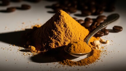 Golden turmeric powder piled high next to a spoon, surrounded by coffee beans