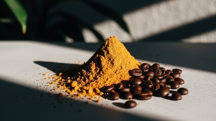 A contrast of vibrant yellow turmeric powder and dark brown roasted coffee beans on a surface