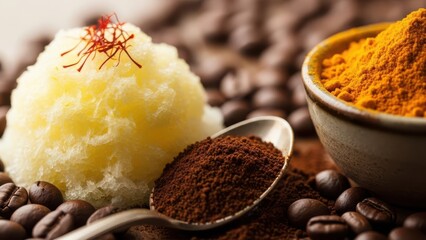 Saffron sorbet scoop with ground coffee and turmeric powder against a backdrop of coffee beans