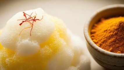 A close-up view of a sweet dessert topped with red saffron threads next to a bowl of spice