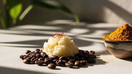 A pile of natural scrub ingredients on coffee beans next to a bowl of turmeric powder