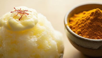 A refreshing saffron-flavored dessert topped with cream next to a bowl of vibrant yellow turmeric powder.