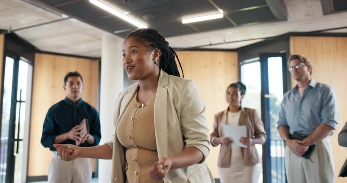 Presenter, workshop and business woman at seminar for motivational speech, speaker and coaching event. Corporate training, public speaking and leadership program with employees at expo for forum