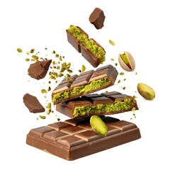 Chocolate bars with pistachio filling and pistachios floating in the air shot
