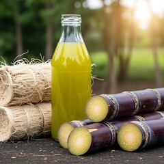 Sugarcane stalks and bottle of juice with bundles of fiber on a wooden surface