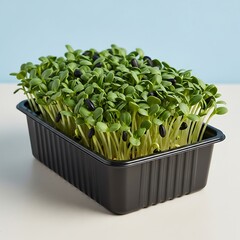 Close up of sunflower microgreens in a black plastic container on white surface