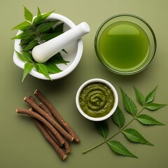 Overhead shot of neem leaves, paste, juice, and sticks on a green background
