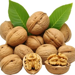 Closeup shot of walnuts with green leaves and some walnuts are broken in half