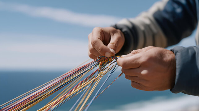 Close-up of intertwined paraglider lines being untangled by skilled fingers, tiny knots and color-coded strands highlighted against bright sky &mdash; pre-flight preparation and technical focus.