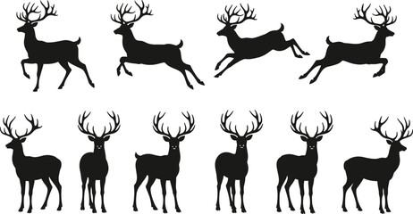 Vector Black Silhouette Set of Majestic Red Deer Stags with Big Antlers Standing and Leaping for Hunting, Wildlife, Nature, and Holiday Decoration Concepts.