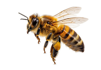 A detailed closeup of a honey bee in flight, isolated on a transparent background, showcasing its intricate features