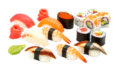 Delicious fresh sushi selection featuring various nigiri, maki rolls, and gunkan served with traditional pickled ginger and wasabi.