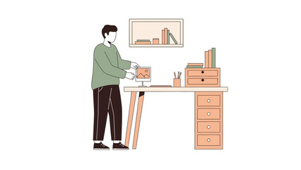 Minimalist Illustration of a person working at their desk in a home office