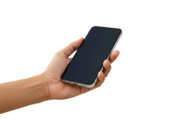 Hand holding modern smartphone with blank screen for displaying various digital content, applications, or messages in a sleek, contemporary design.