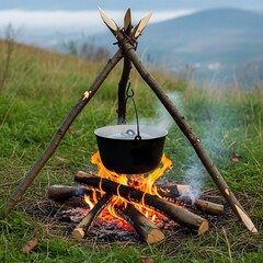 Cooking pot hanging over campfire with wooden tripod in outdoor setting view