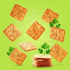 Crackers with parsley and salt floating on a light green background surface