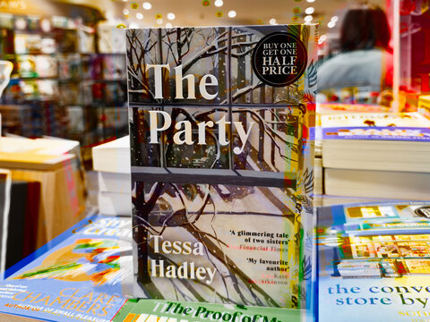 The Party by Tessa Hadley on a bookstore shelf display with other novels