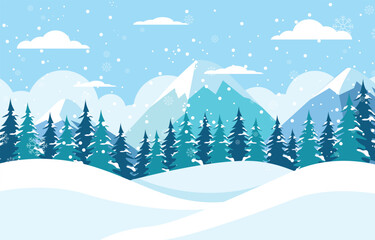 Winter Mountain Landscape Background with Pine Forest and Clouds