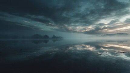 Early morning shows a misty scene over a body of water. Clouds reflect in the still water as the sun starts to rise. Trees are faintly visible in the background.